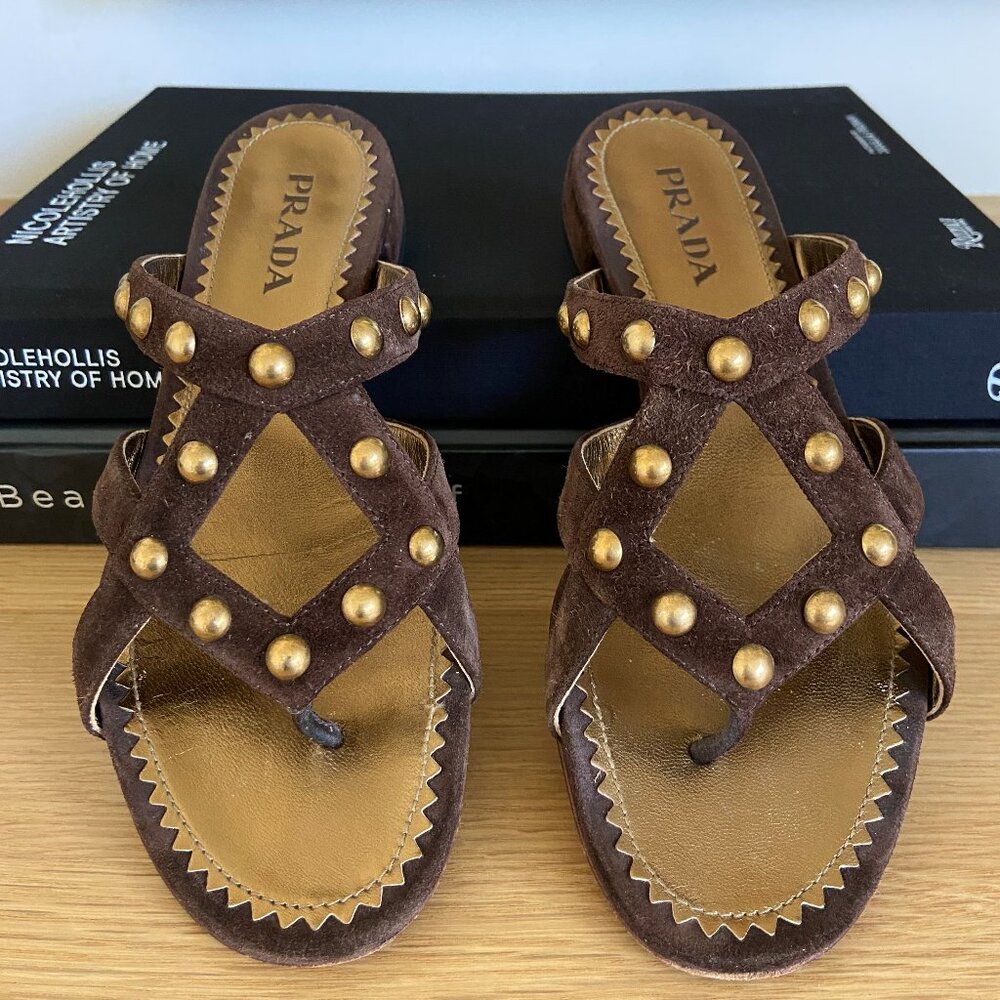 Brown Suede Prada Studded Sandals 36.5